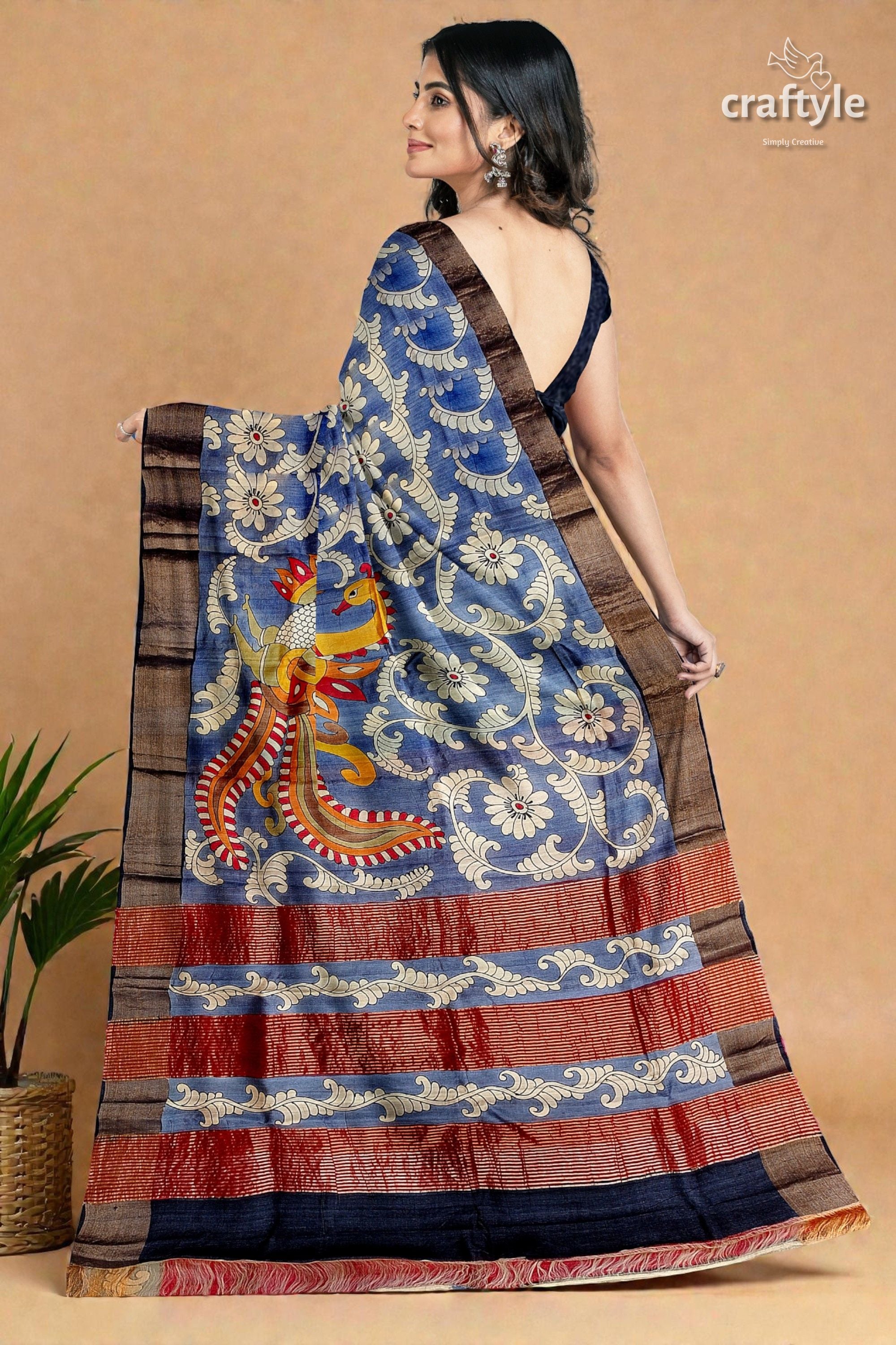 Hand Painted Zari Border Pure Tussar Kalamkari Saree - Deep Grey