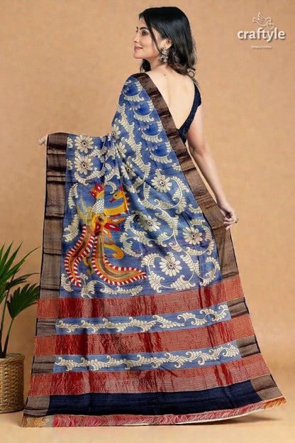 Hand Painted Zari Border Pure Tussar Kalamkari Saree - Deep Grey