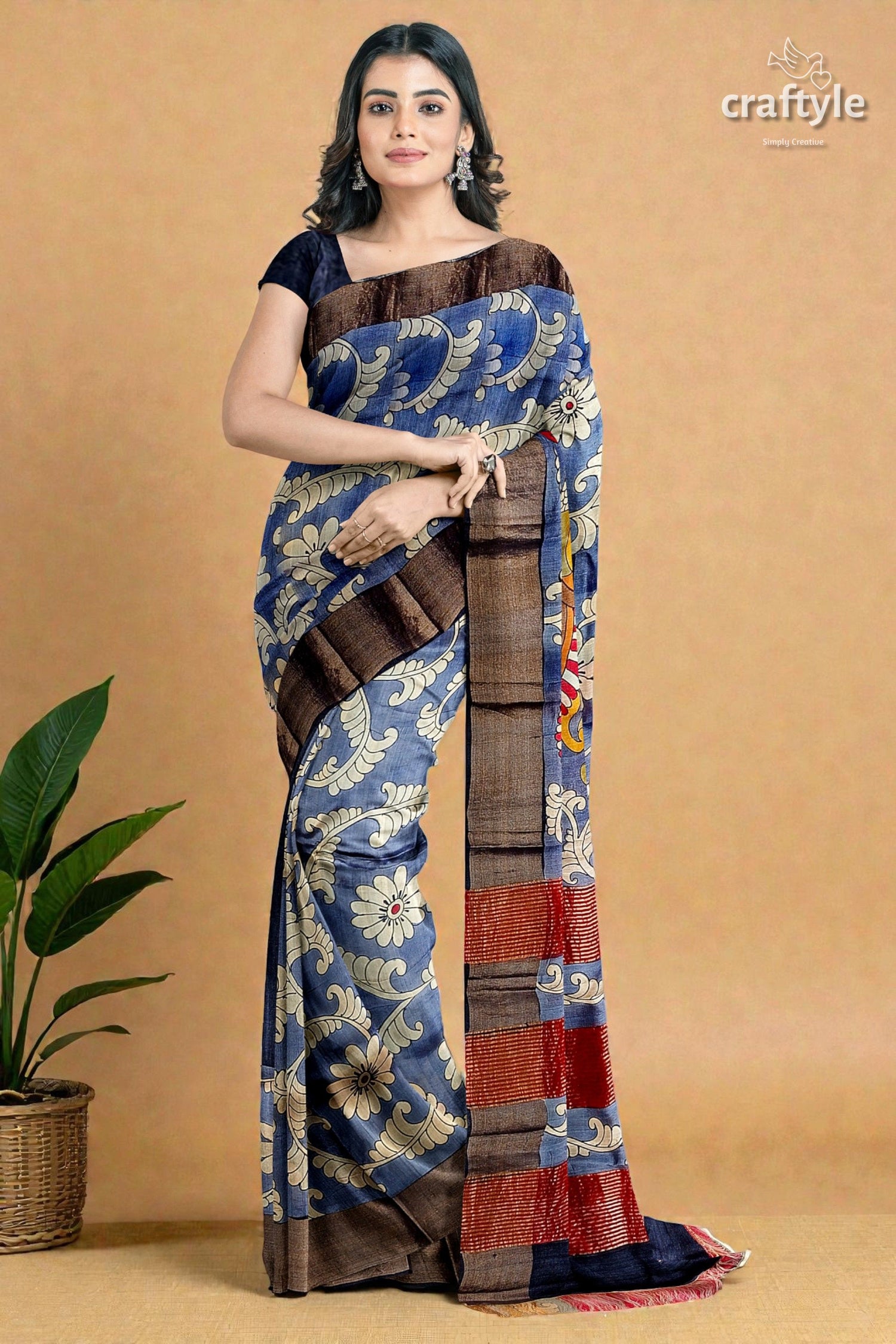 Hand Painted Zari Border Pure Tussar Kalamkari Saree - Deep Grey