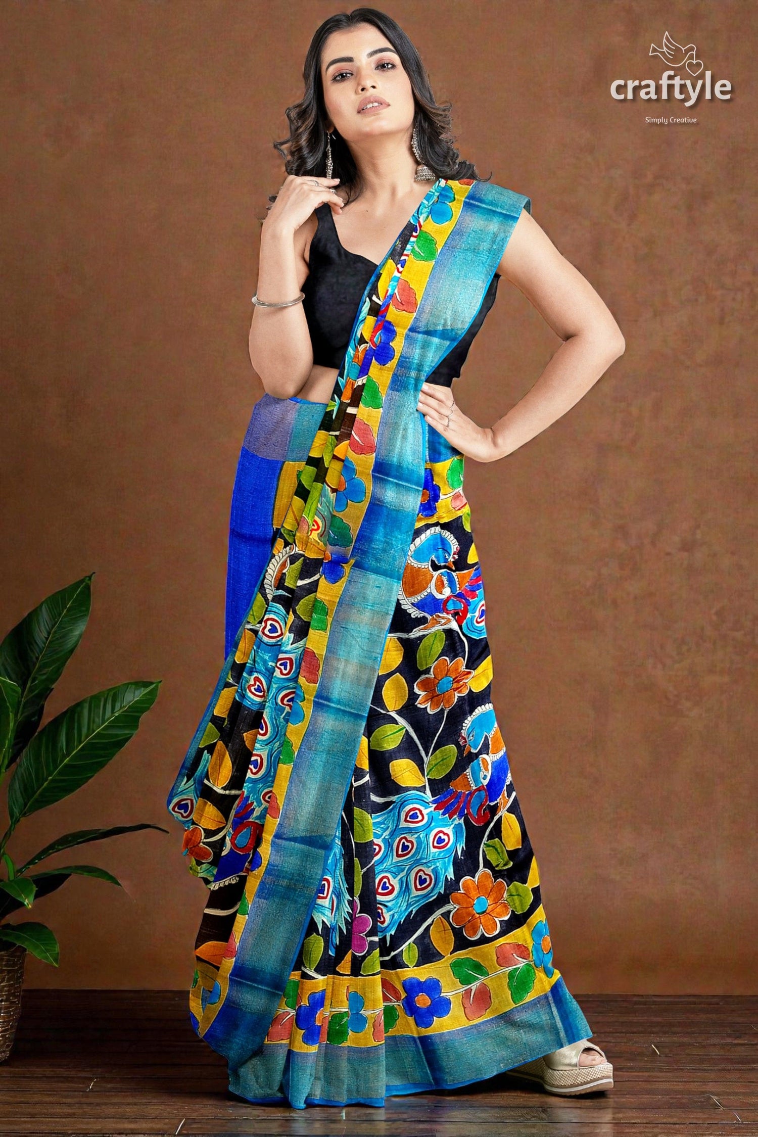 Zari Border Hand-Painted Pure Tussar Kalamkari Silk Sari with Peacock Design