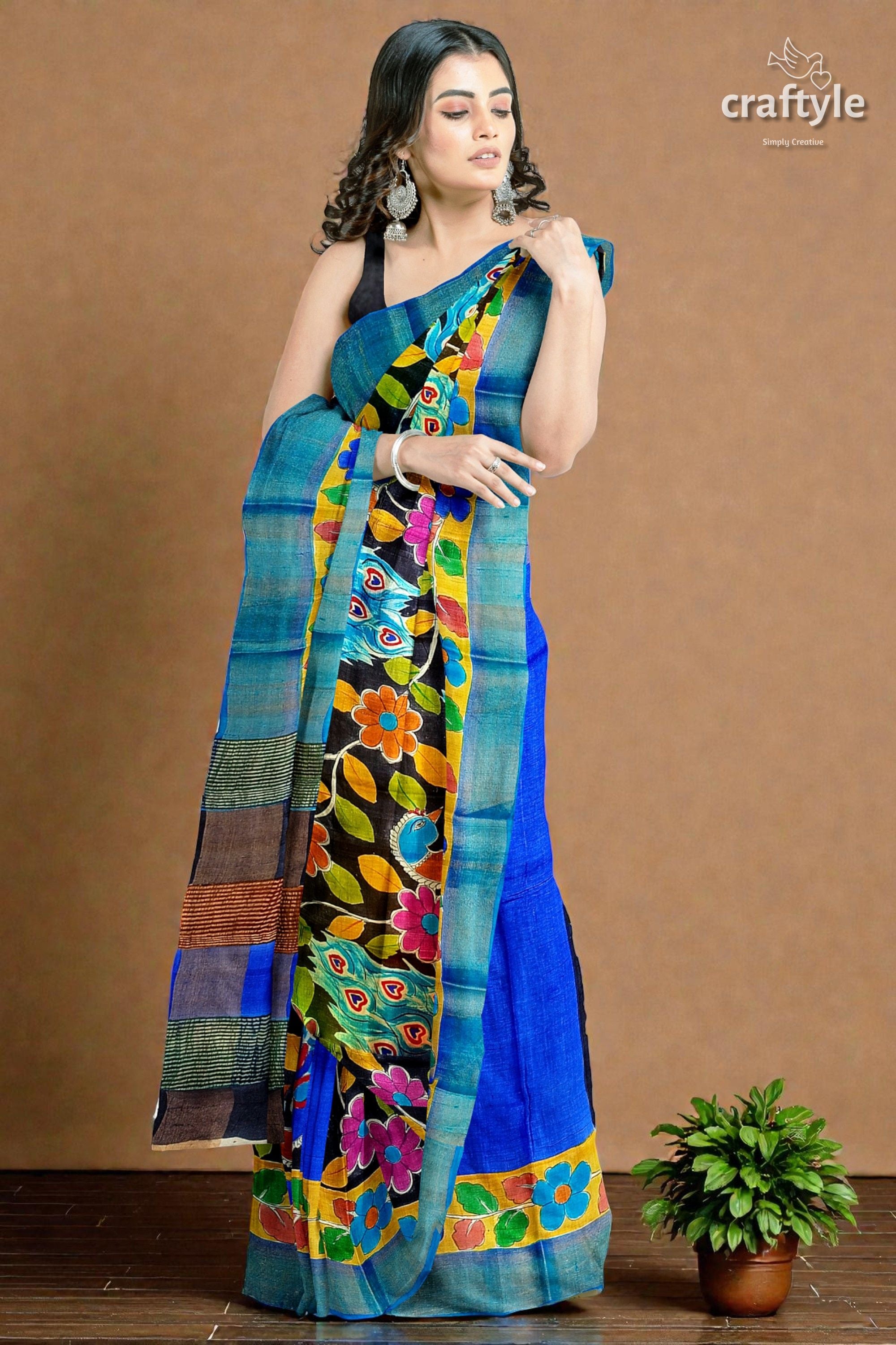 Zari Border Hand-Painted Pure Tussar Kalamkari Silk Sari with Peacock Design