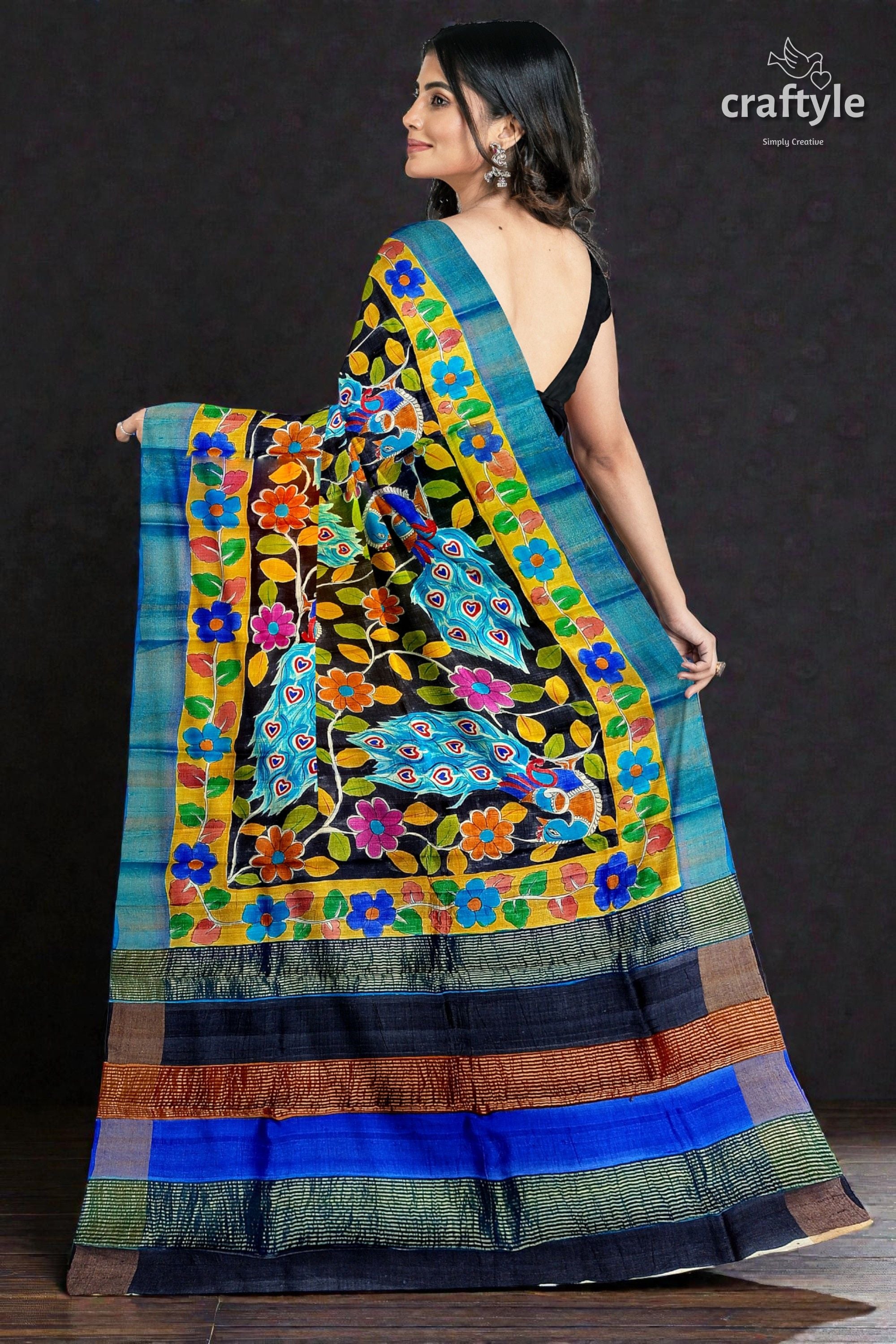 Zari Border Hand-Painted Pure Tussar Kalamkari Silk Sari with Peacock Design