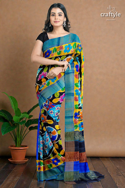 Zari Border Hand-Painted Pure Tussar Kalamkari Silk Sari with Peacock Design