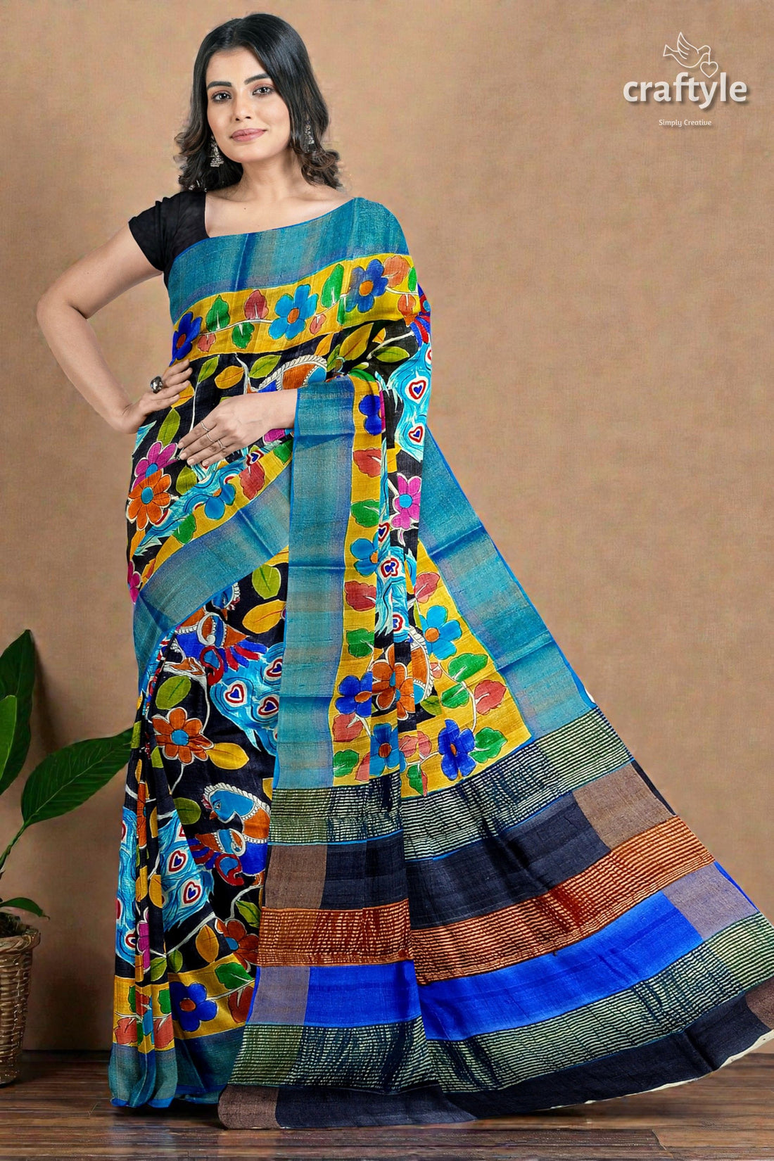 Zari Border Hand-Painted Pure Tussar Kalamkari Silk Sari with Peacock Design
