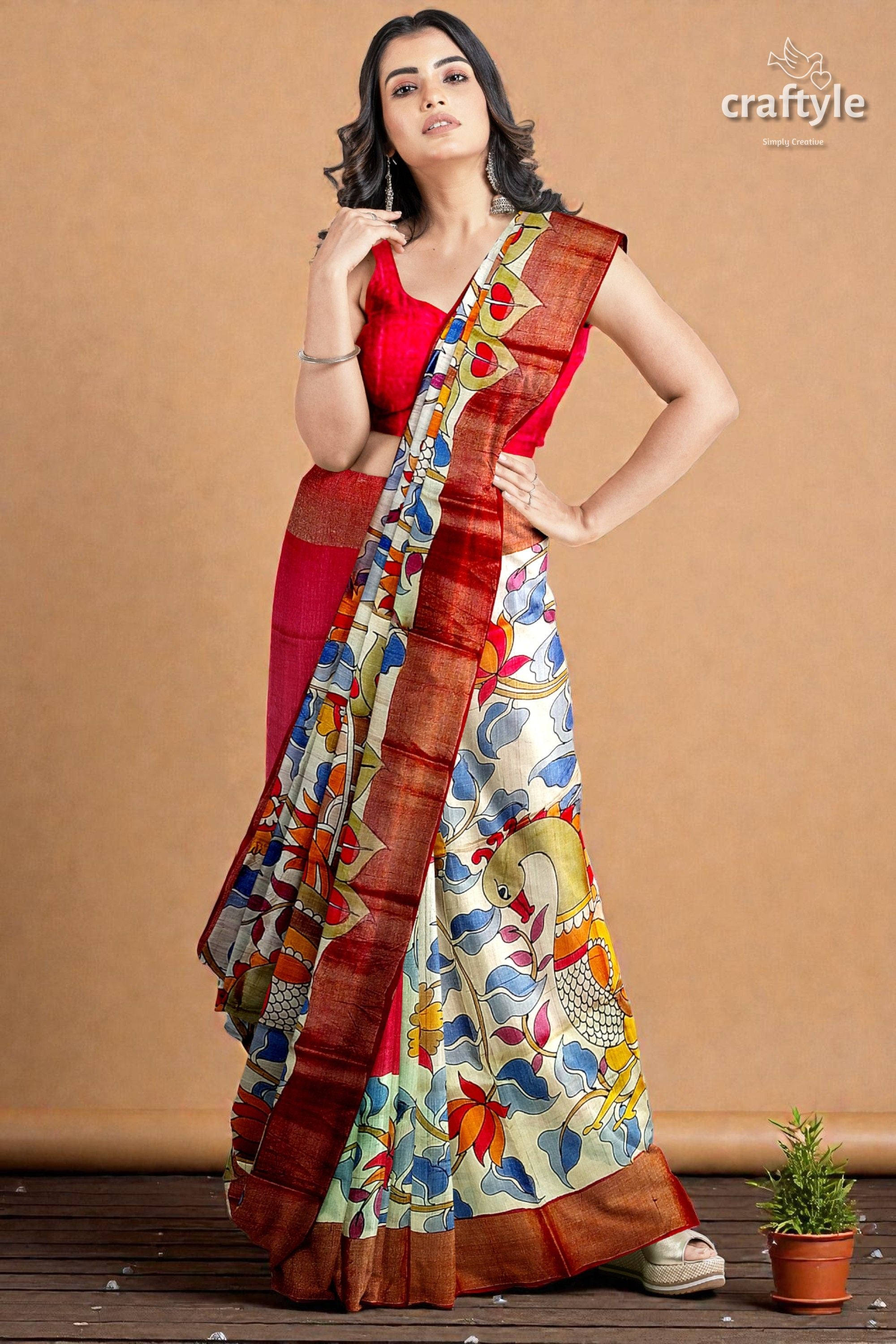 Hand Painted Pure Tussar Silk Saree with Zari Border - Stunning Peacock Design