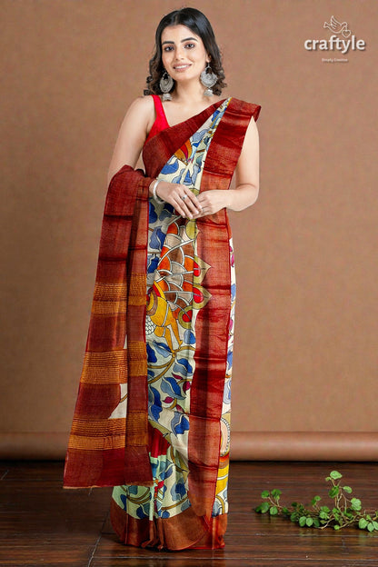 Hand Painted Pure Tussar Silk Saree with Zari Border - Stunning Peacock Design