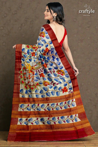 Hand Painted Pure Tussar Silk Saree with Zari Border - Stunning Peacock Design