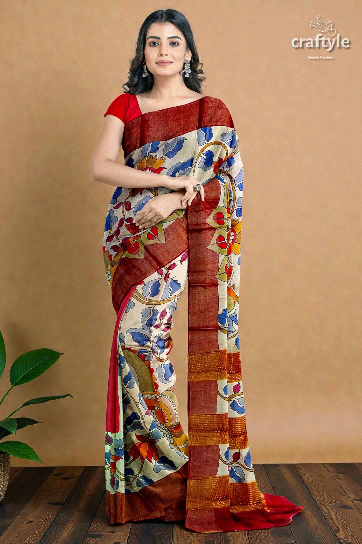 Hand Painted Pure Tussar Silk Saree with Zari Border - Stunning Peacock Design