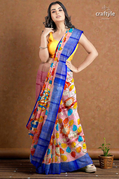 Light Pink Hand-Painted Pure Tussar Kalamkari Saree with Elegant Zari Border