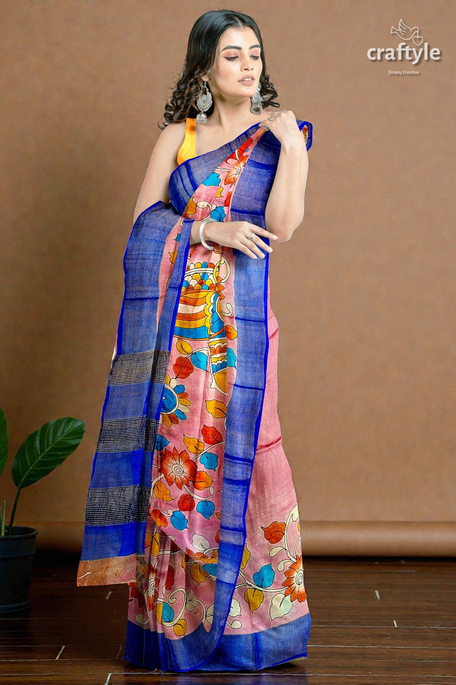 Light Pink Hand-Painted Pure Tussar Kalamkari Saree with Elegant Zari Border