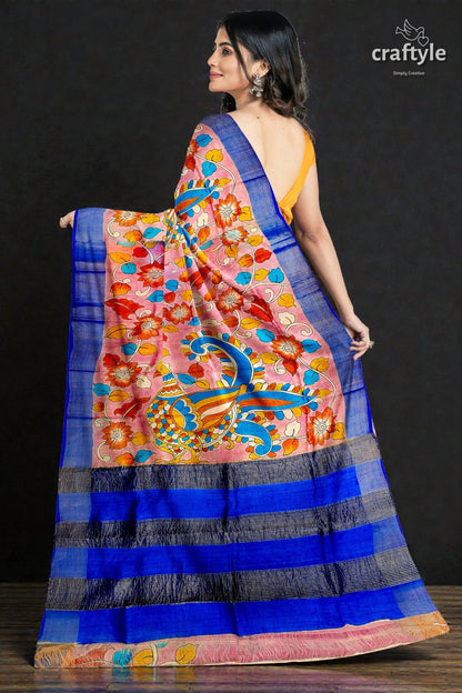 Light Pink Hand-Painted Pure Tussar Kalamkari Saree with Elegant Zari Border