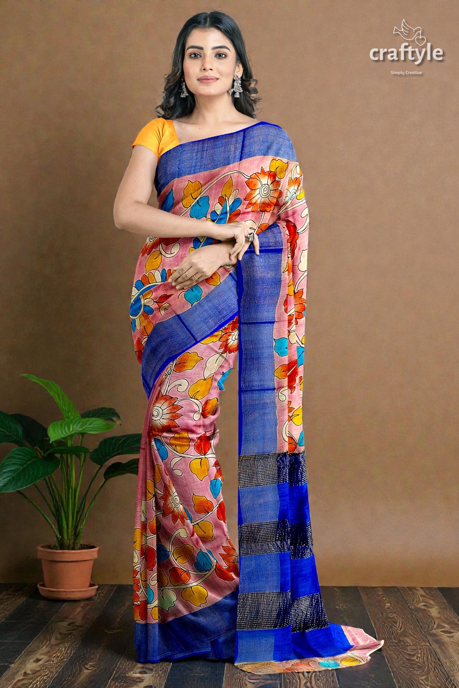 Light Pink Hand-Painted Pure Tussar Kalamkari Saree with Elegant Zari Border