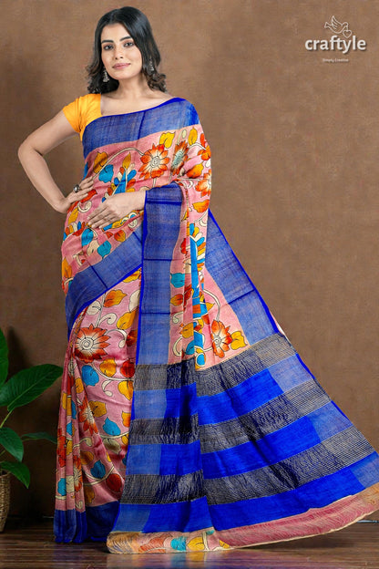 Light Pink Hand-Painted Pure Tussar Kalamkari Saree with Elegant Zari Border