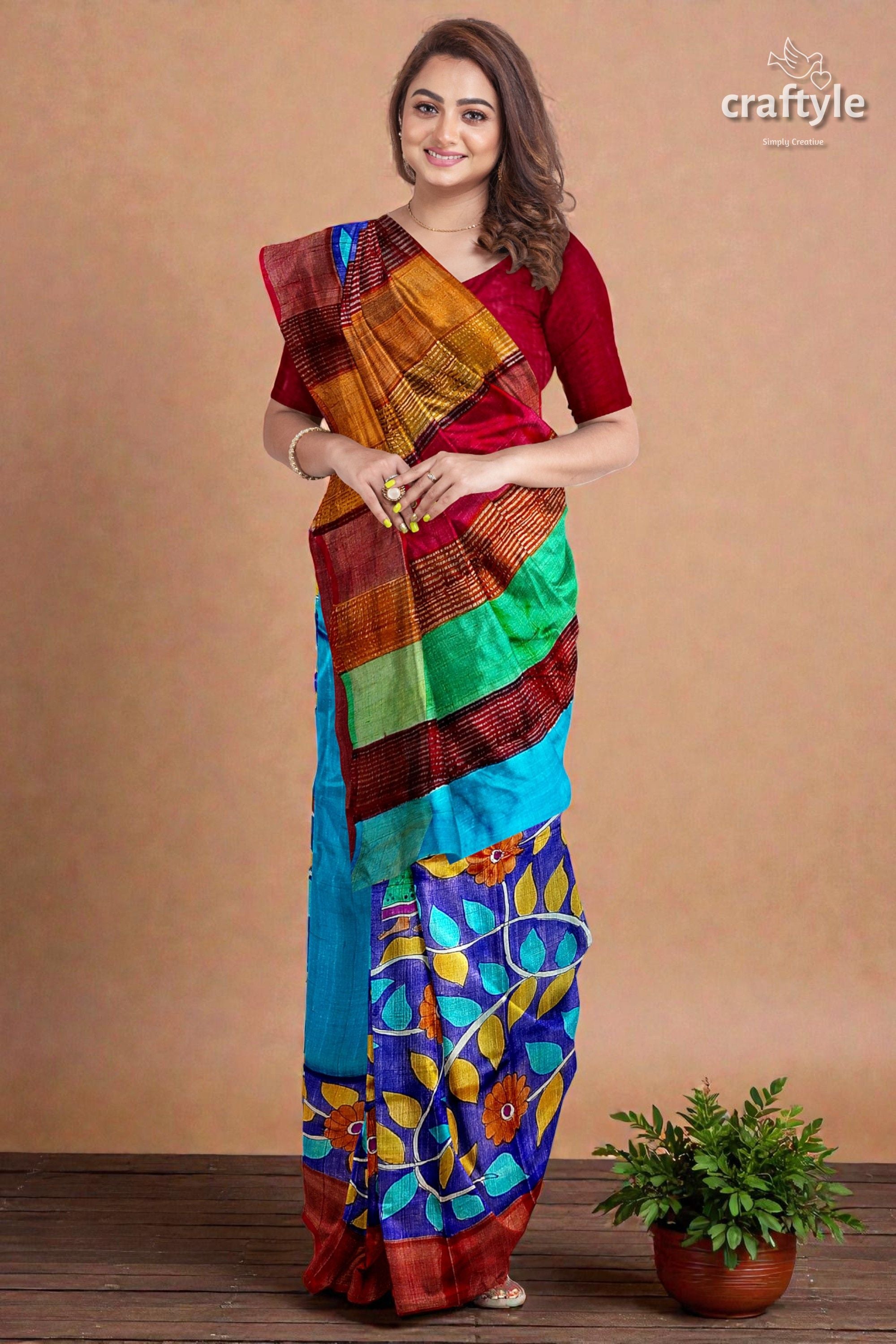 Hand-Painted Admiral Blue Pure Tussar Kalamkari Saree with Zari Border