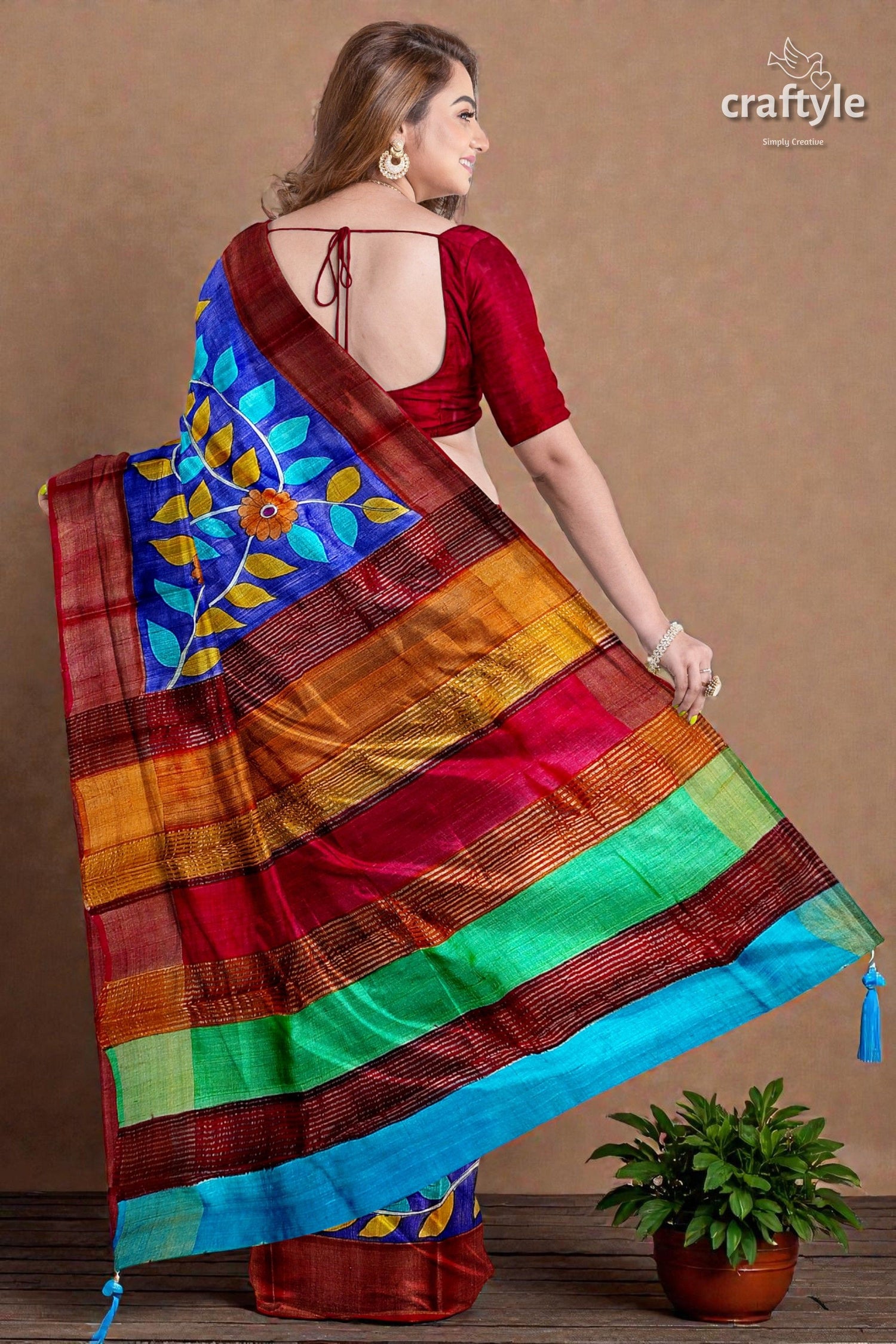 Hand-Painted Admiral Blue Pure Tussar Kalamkari Saree with Zari Border