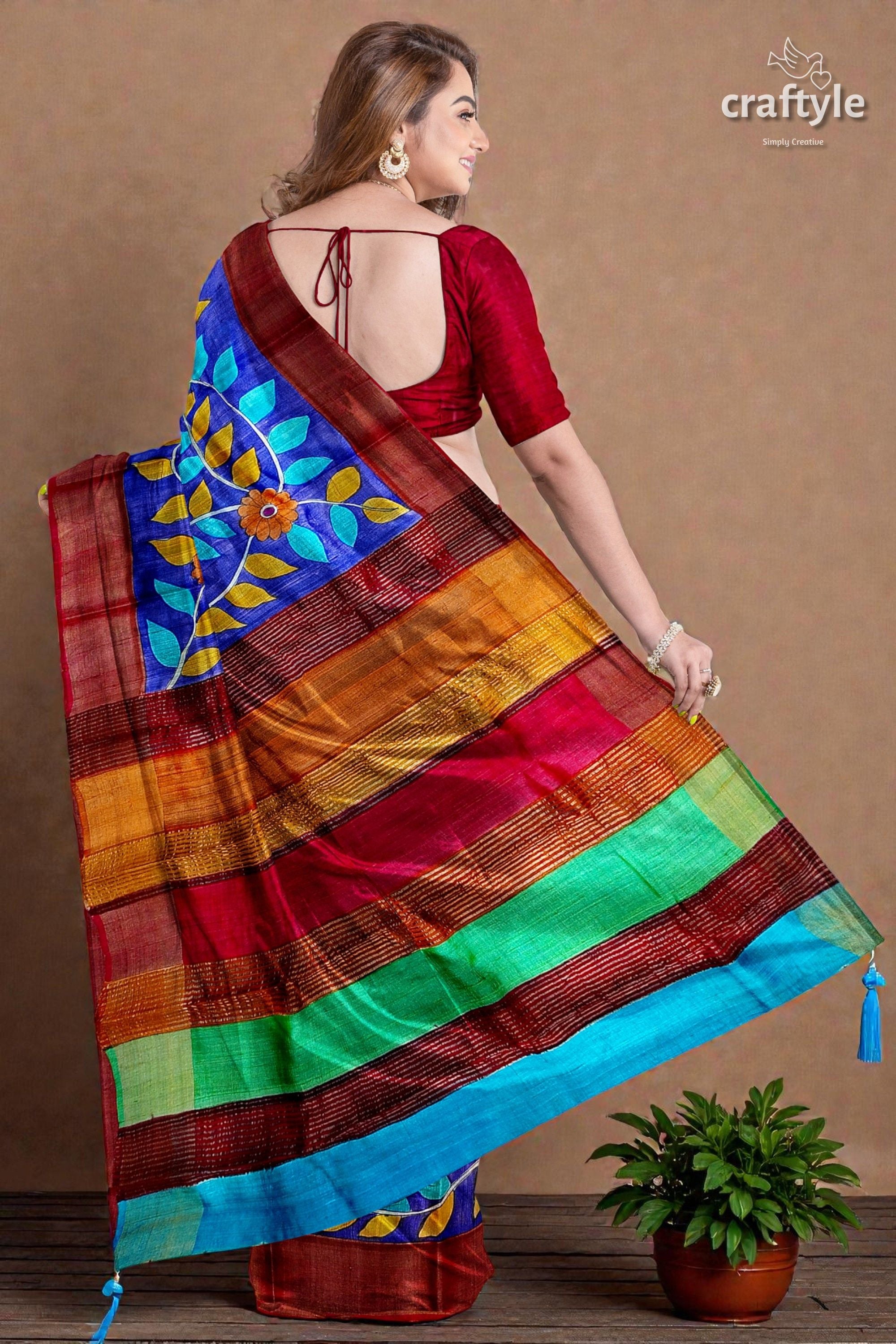 Hand-Painted Admiral Blue Pure Tussar Kalamkari Saree with Zari Border