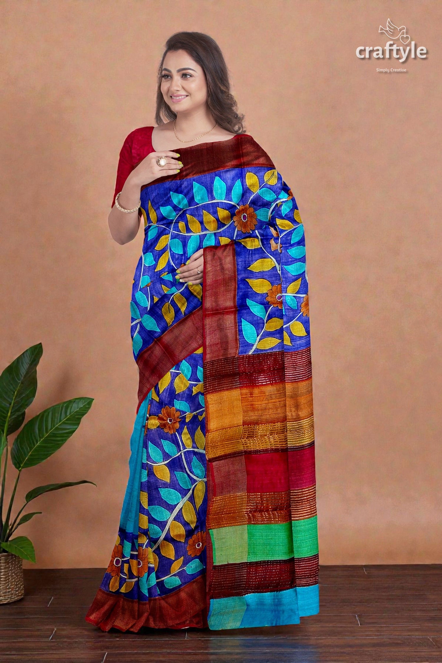 Hand-Painted Admiral Blue Pure Tussar Kalamkari Saree with Zari Border