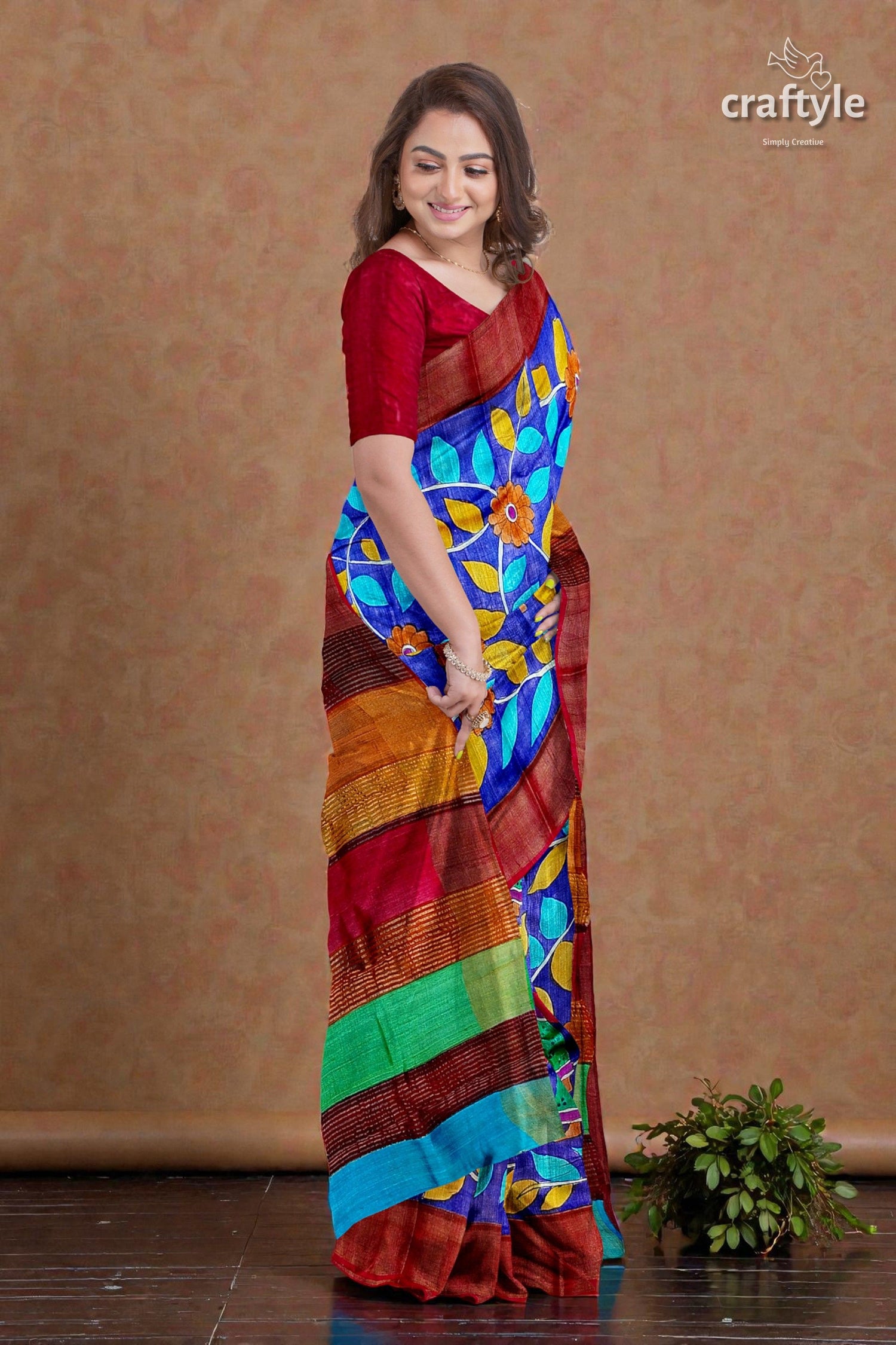 Hand-Painted Admiral Blue Pure Tussar Kalamkari Saree with Zari Border