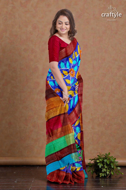 Hand-Painted Admiral Blue Pure Tussar Kalamkari Saree with Zari Border