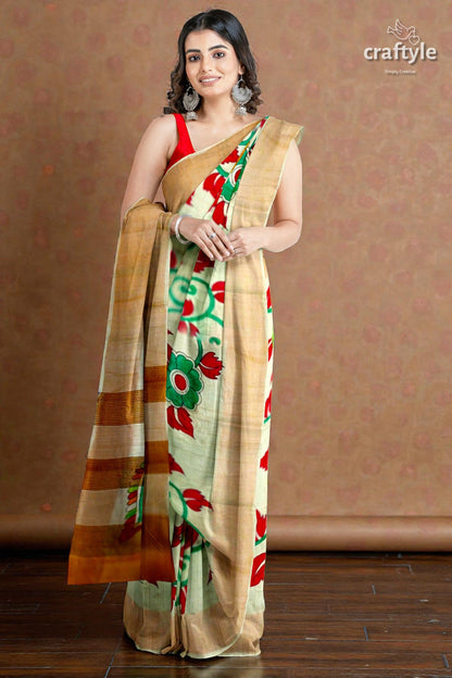 Peacock Motif Kalamkari Saree - Hand Painted Pure Tussar Silk with Zari Border