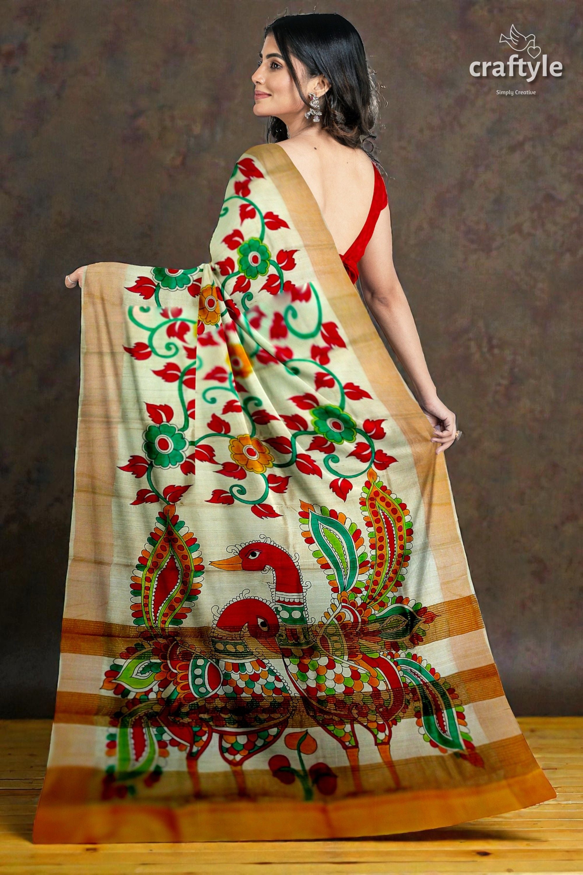 Peacock Motif Kalamkari Saree - Hand Painted Pure Tussar Silk with Zari Border