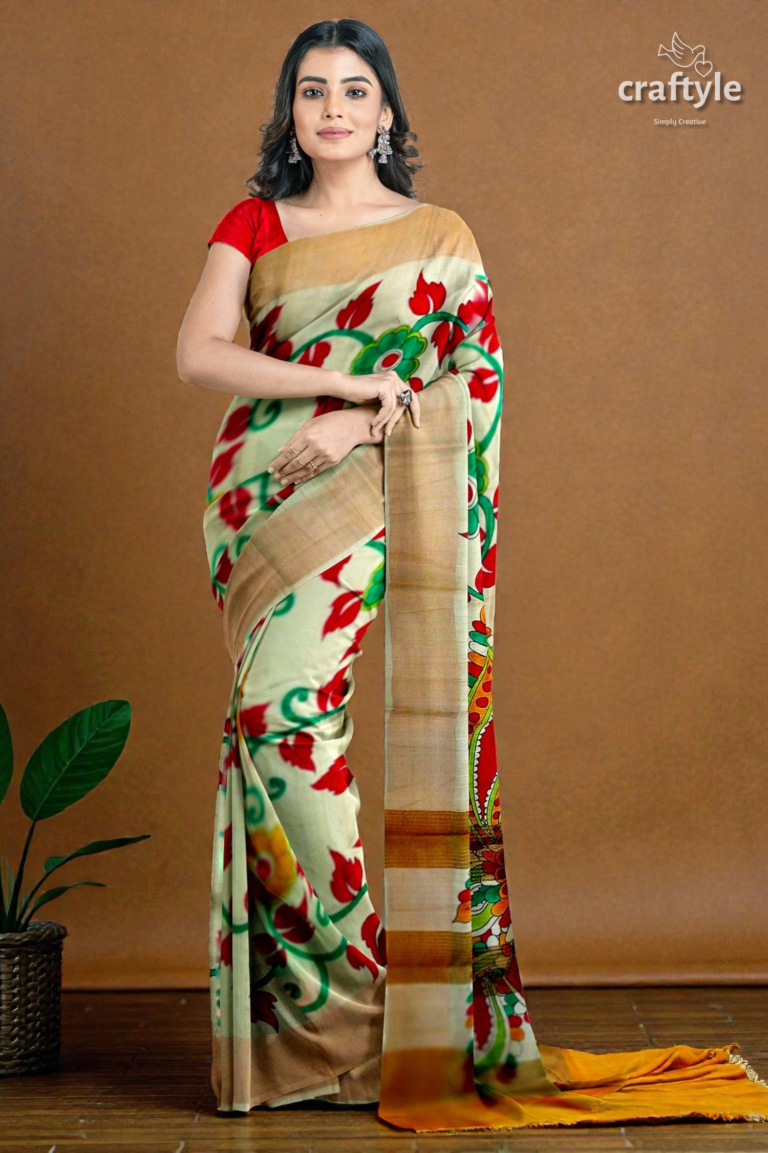 Peacock Motif Kalamkari Saree - Hand Painted Pure Tussar Silk with Zari Border