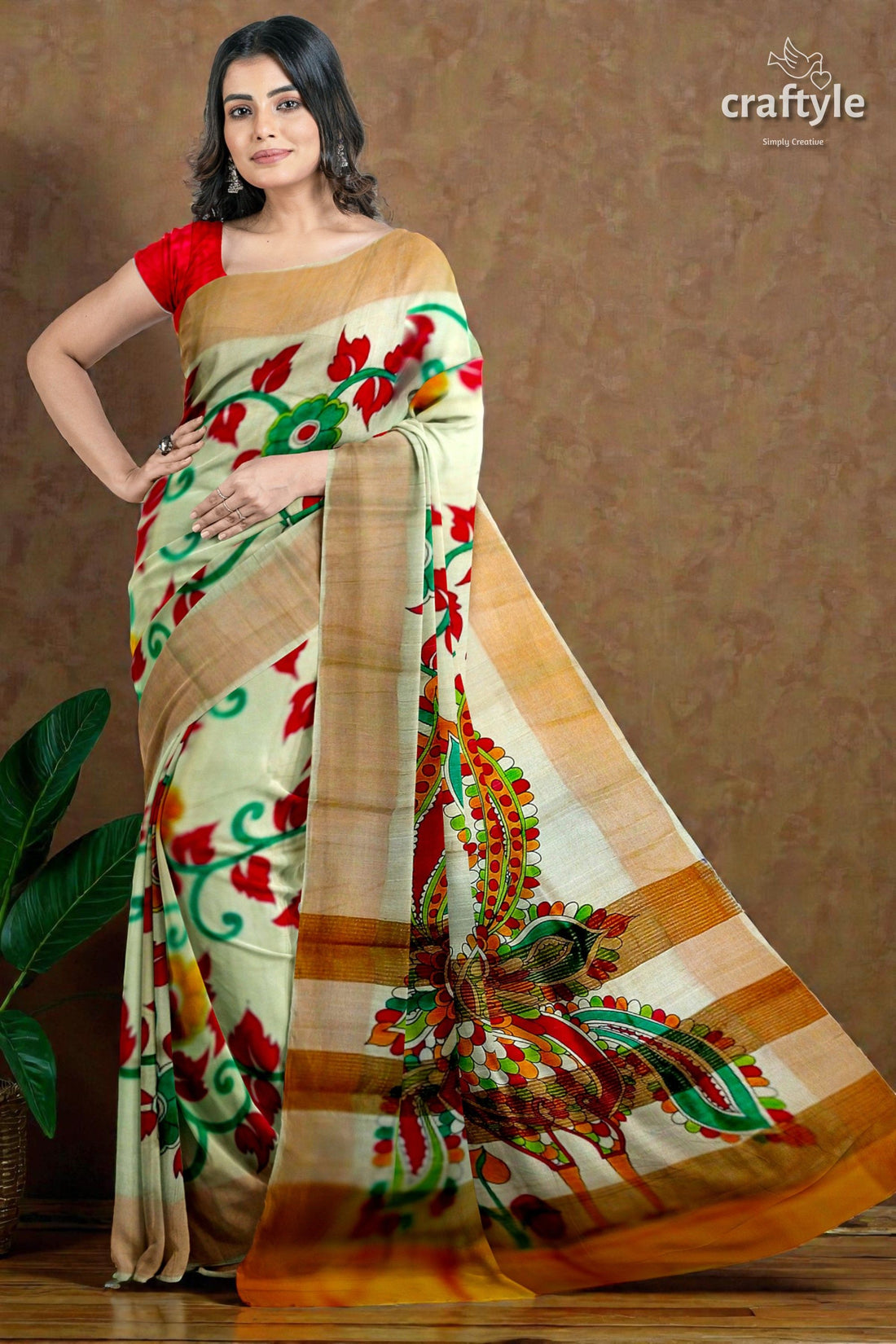 Peacock Motif Kalamkari Saree - Hand Painted Pure Tussar Silk with Zari Border