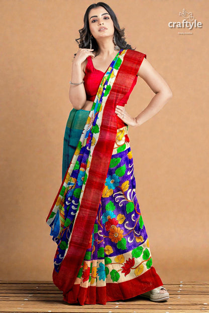 Persian Blue Handcrafted Tussar Saree with Zari Border - Pure Tussar Kalamkari Design