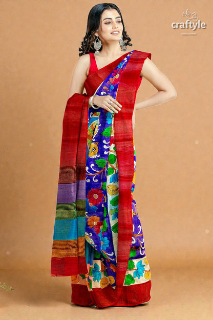 Persian Blue Handcrafted Tussar Saree with Zari Border - Pure Tussar Kalamkari Design