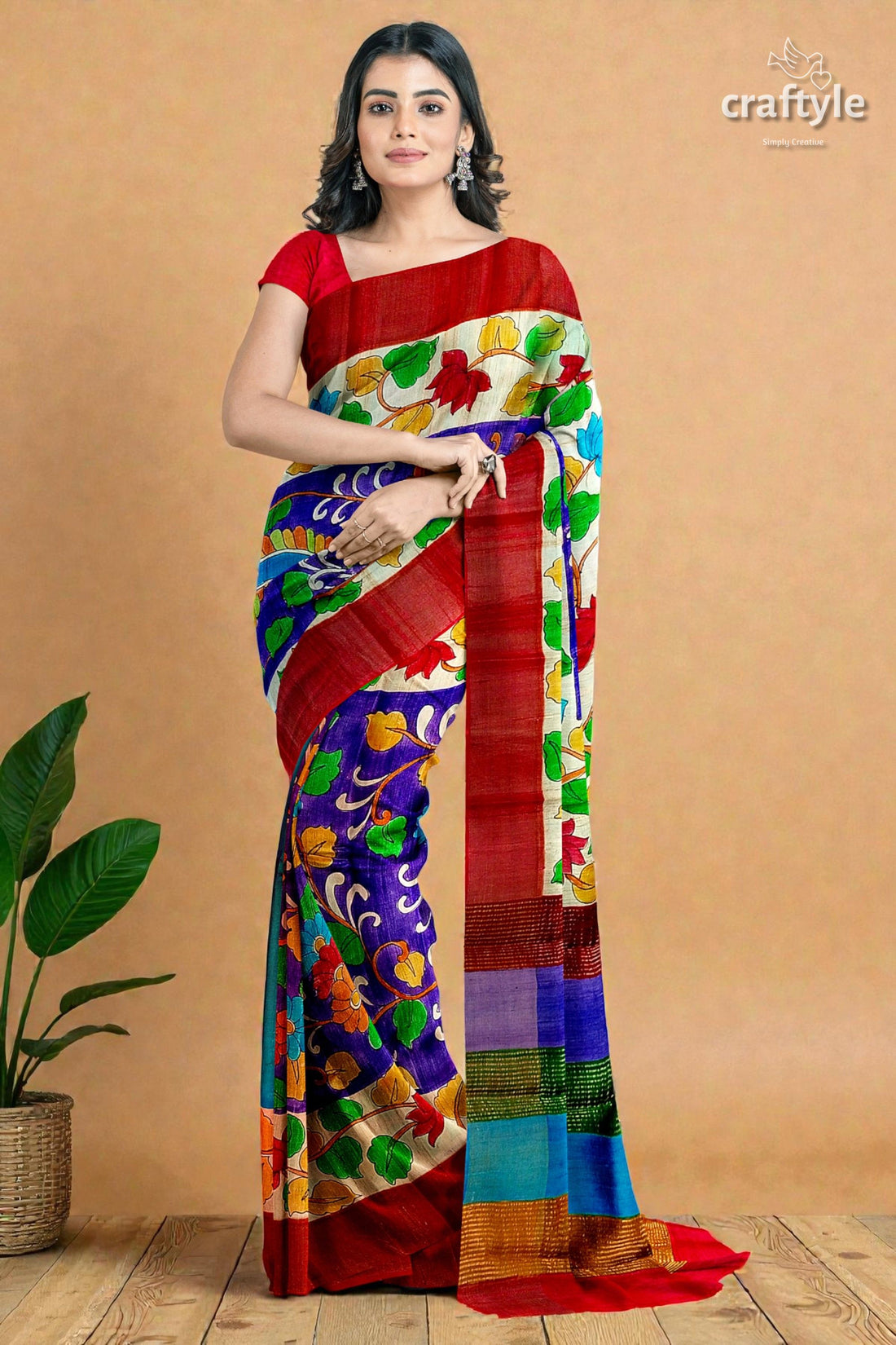 Persian Blue Handcrafted Tussar Saree with Zari Border - Pure Tussar Kalamkari Design