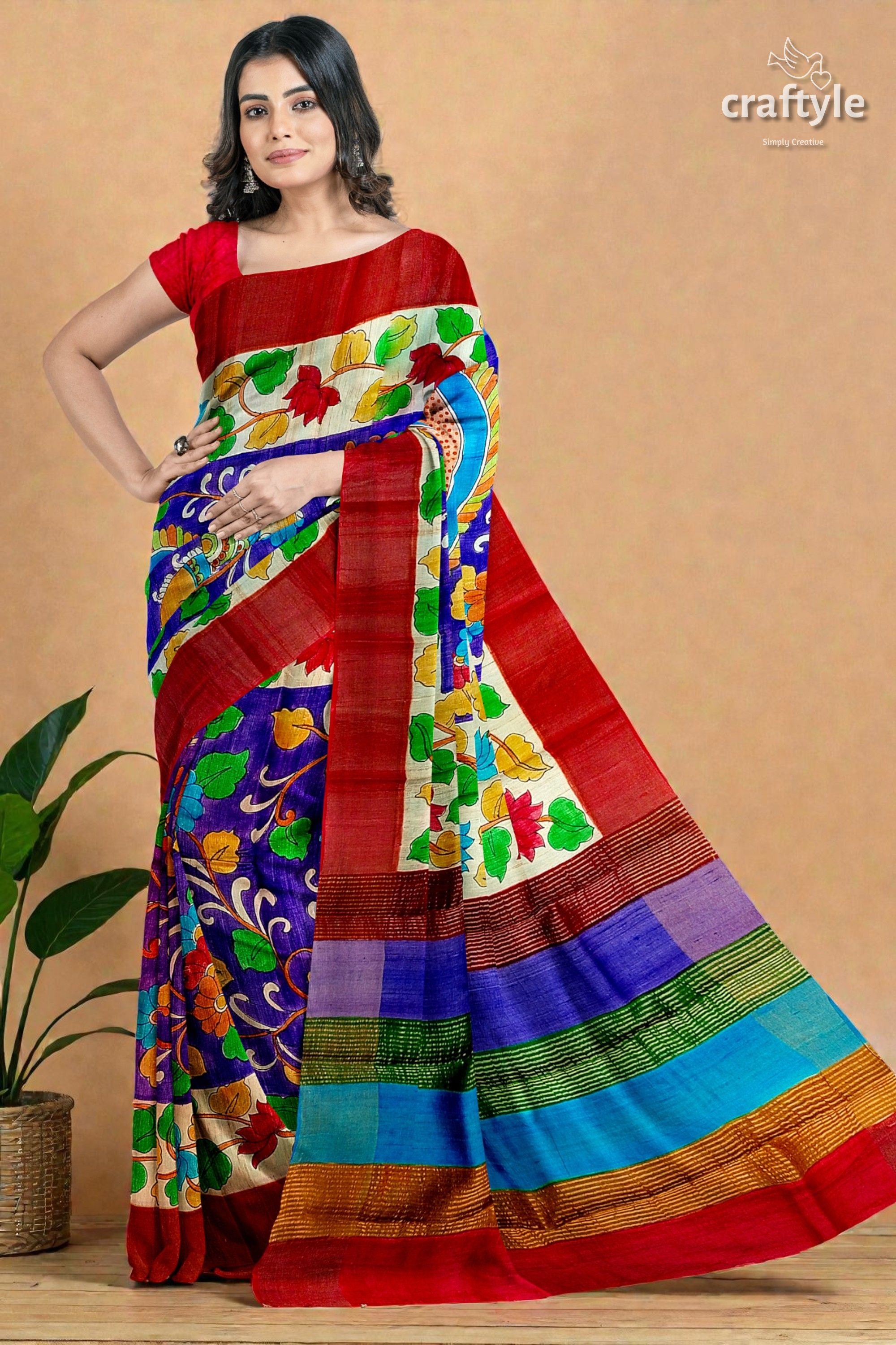 Persian Blue Handcrafted Tussar Saree with Zari Border - Pure Tussar Kalamkari Design