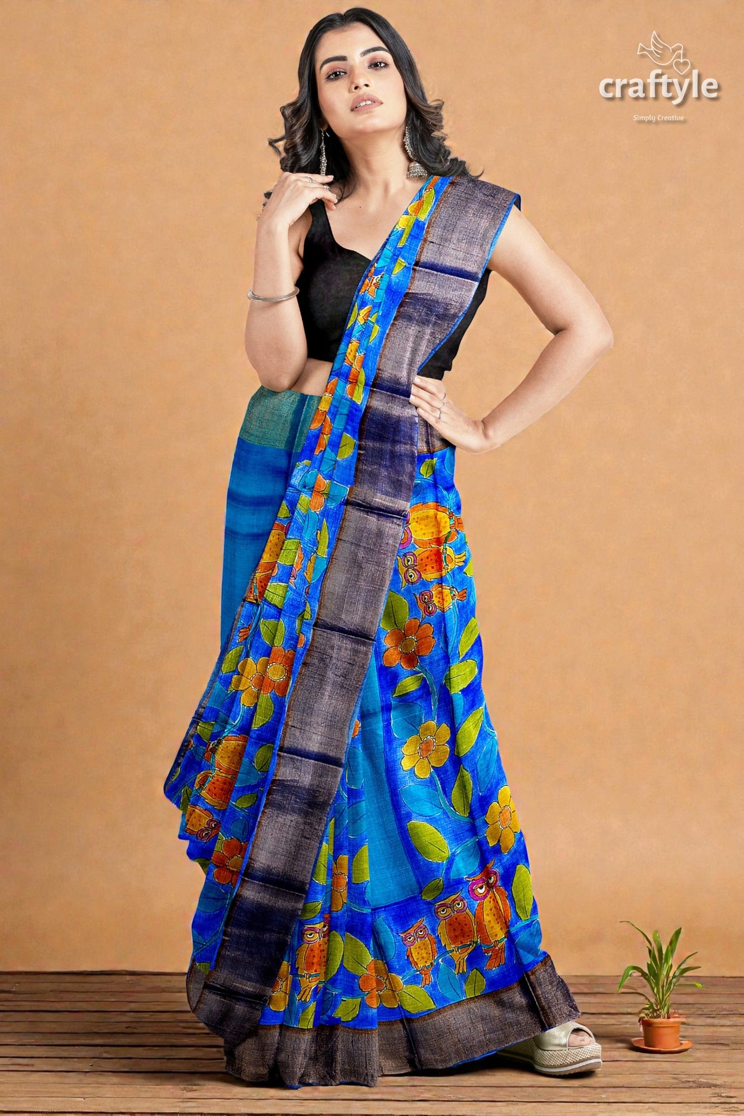 Azure Blue Pure Tussar Kalamkari Saree - Hand Painted with Zari Border