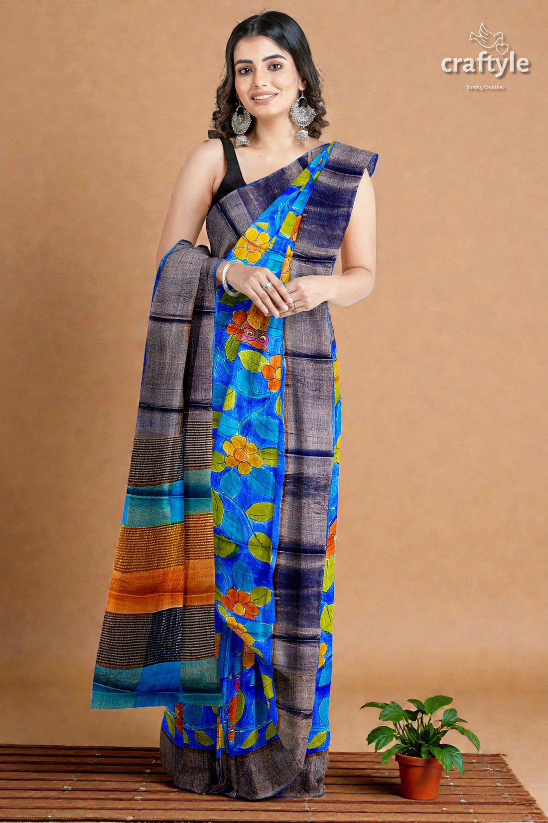 Azure Blue Pure Tussar Kalamkari Saree - Hand Painted with Zari Border