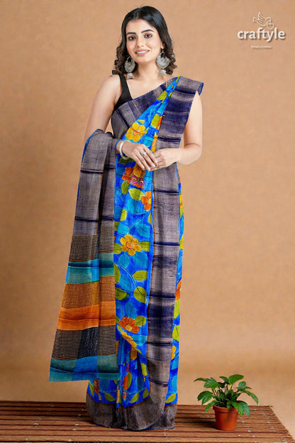 Azure Blue Pure Tussar Kalamkari Saree - Hand Painted with Zari Border