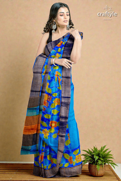 Azure Blue Pure Tussar Kalamkari Saree - Hand Painted with Zari Border