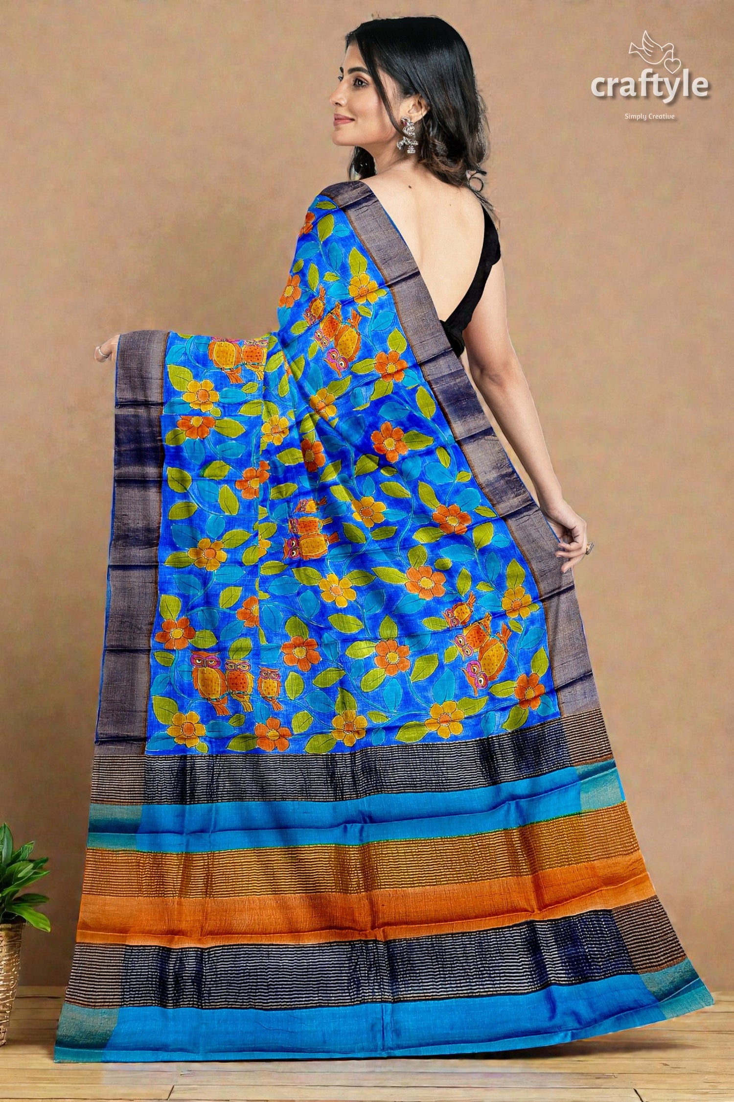 Azure Blue Pure Tussar Kalamkari Saree - Hand Painted with Zari Border