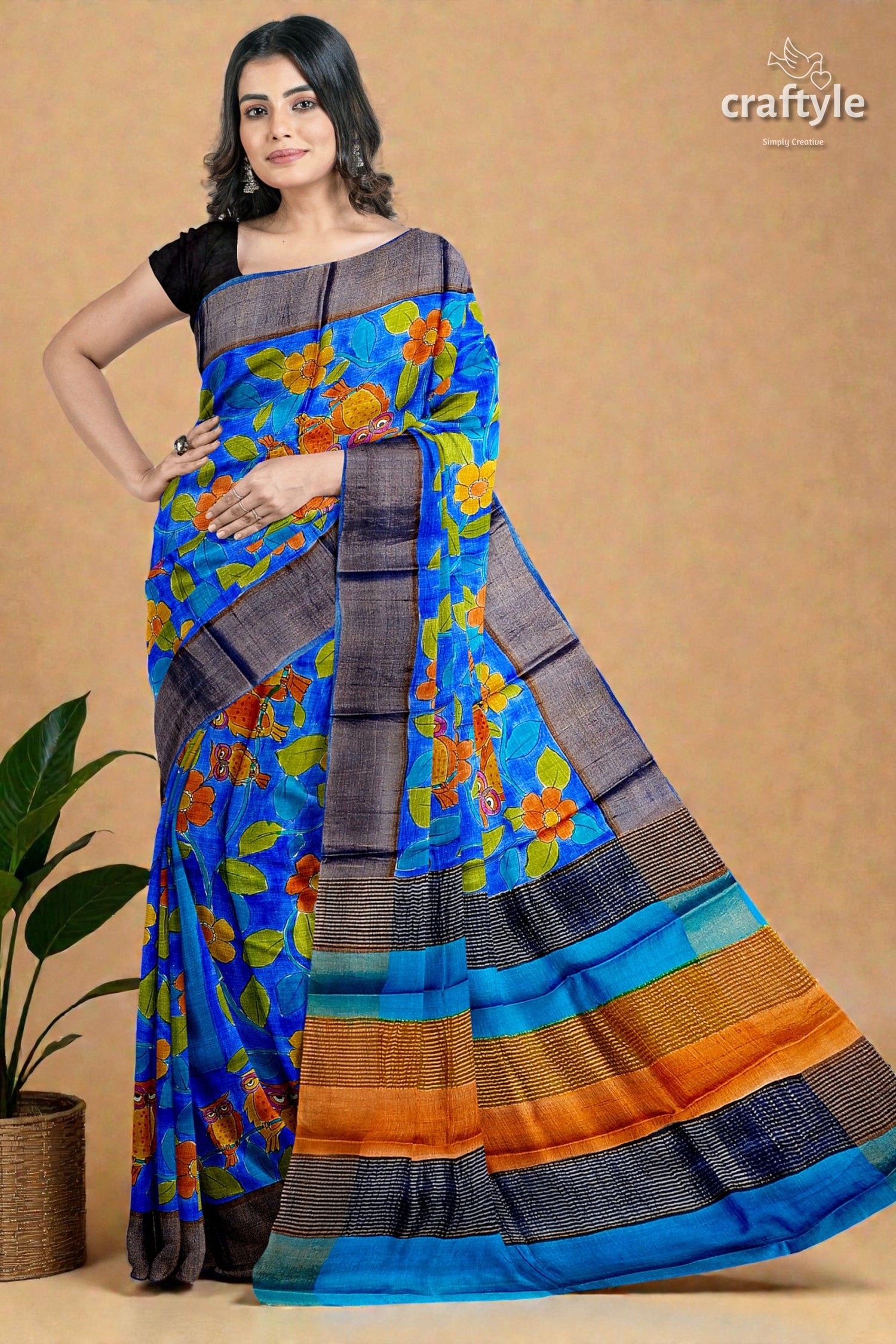 Azure Blue Pure Tussar Kalamkari Saree - Hand Painted with Zari Border