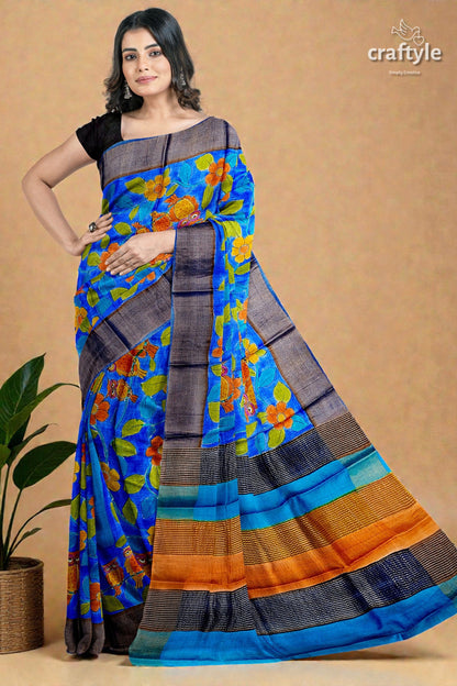 Azure Blue Pure Tussar Kalamkari Saree - Hand Painted with Zari Border
