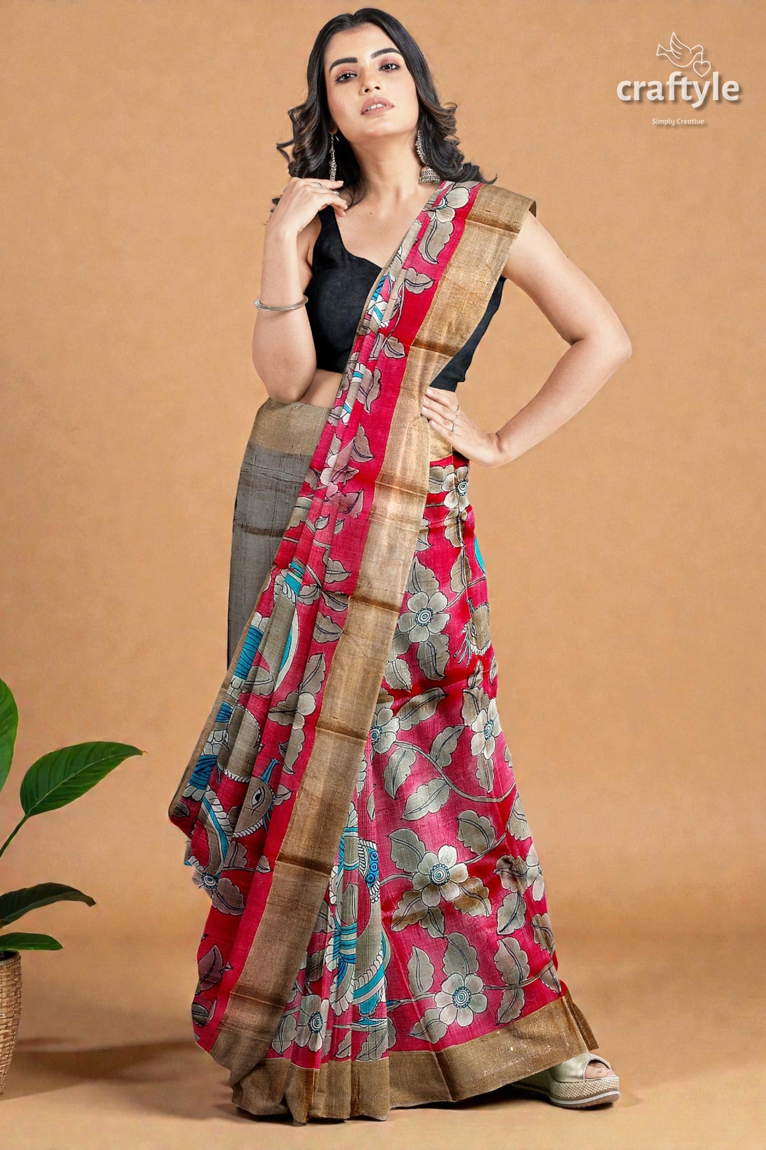 Apple Red Hand Painted Kalamkari Work Pure Tussar Silk Saree with Zari Border