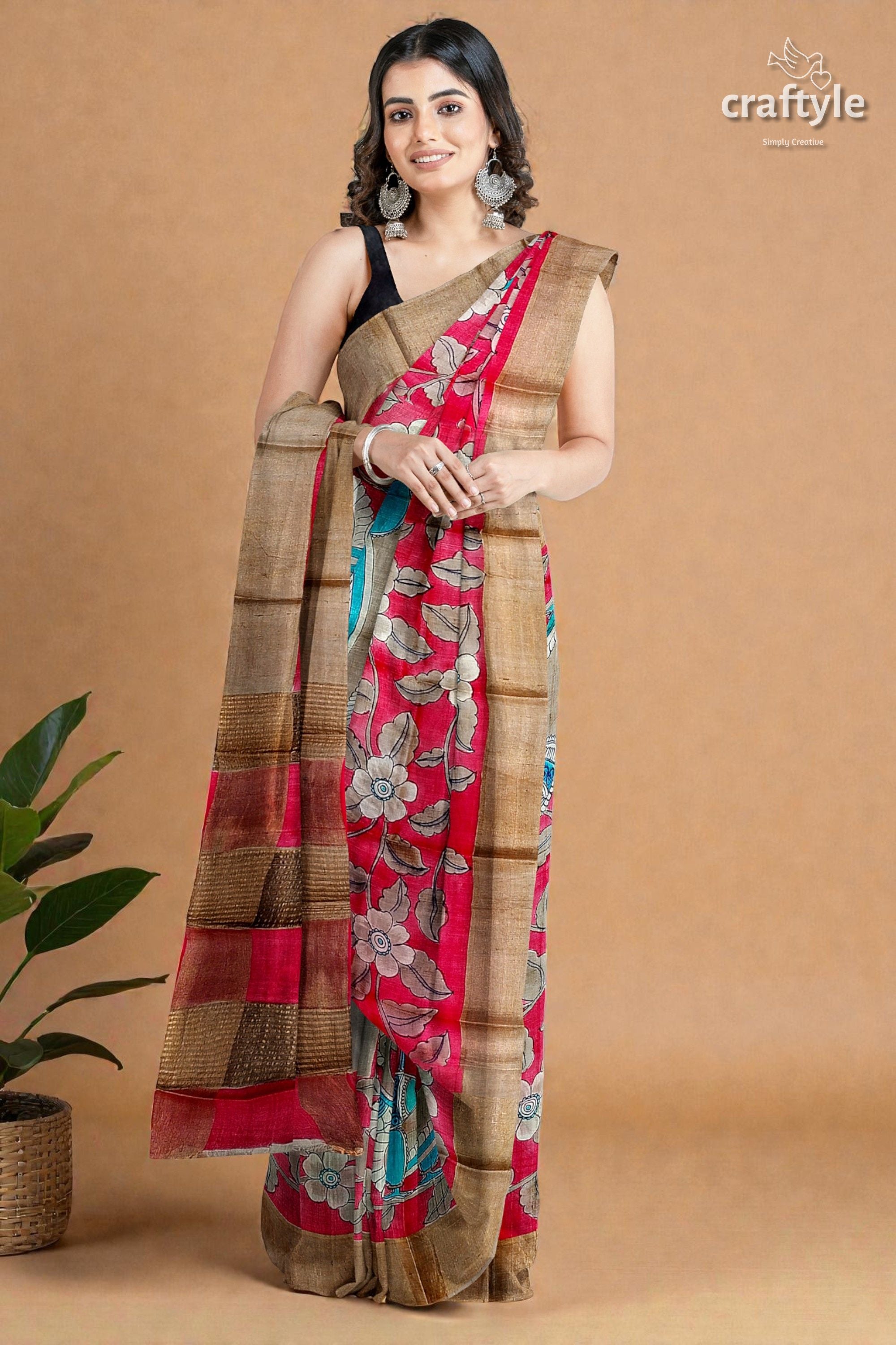 Apple Red Hand Painted Kalamkari Work Pure Tussar Silk Saree with Zari Border