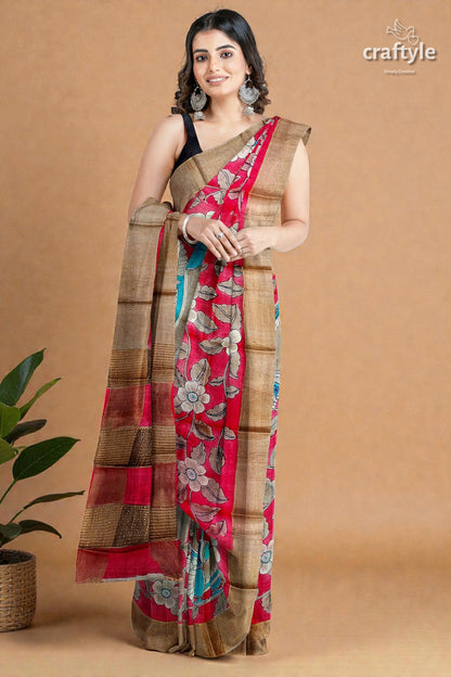 Apple Red Hand Painted Kalamkari Work Pure Tussar Silk Saree with Zari Border