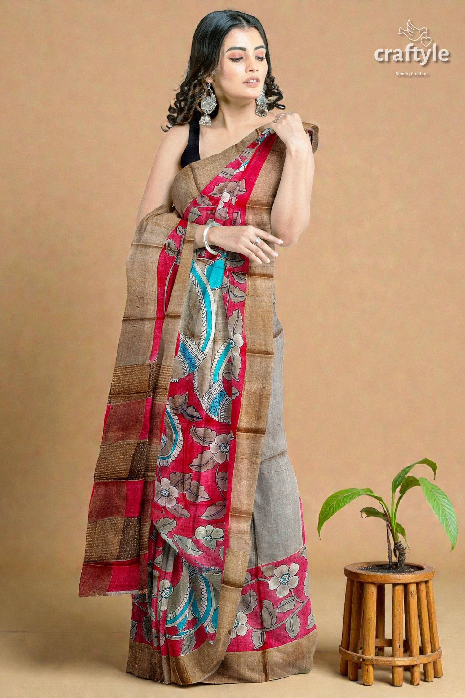 Apple Red Hand Painted Kalamkari Work Pure Tussar Silk Saree with Zari Border