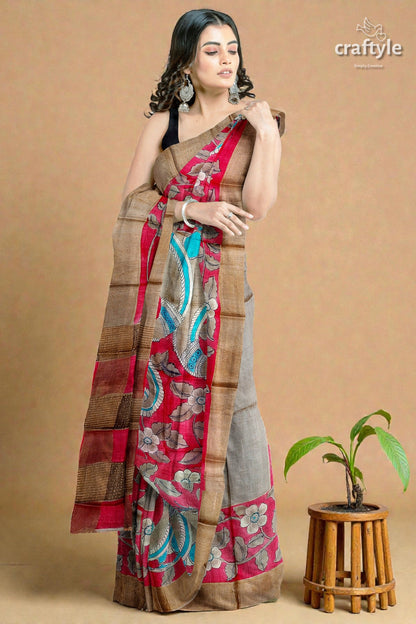 Apple Red Hand Painted Kalamkari Work Pure Tussar Silk Saree with Zari Border