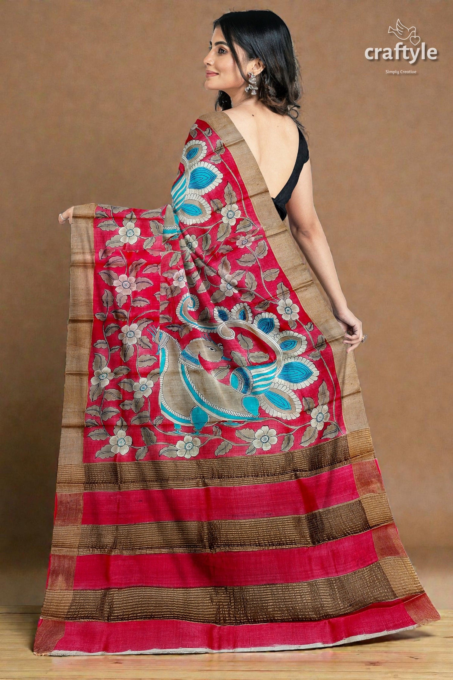 Apple Red Hand Painted Kalamkari Work Pure Tussar Silk Saree with Zari Border