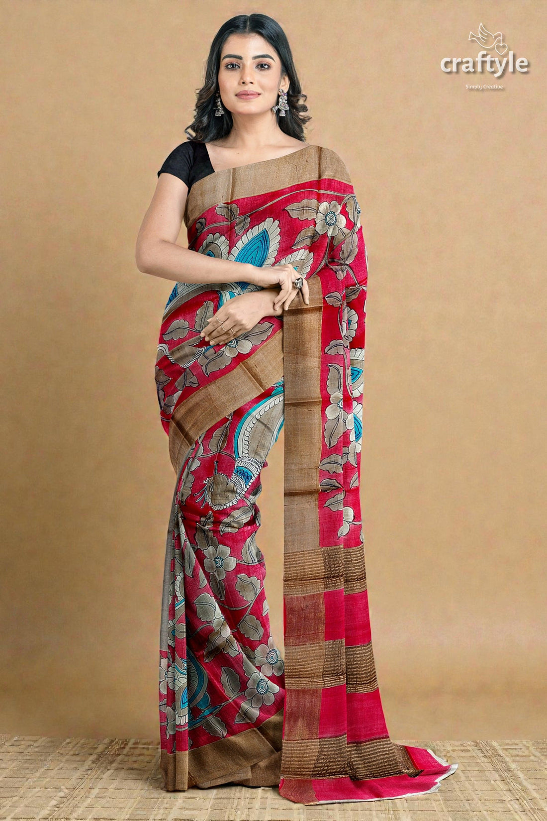 Apple Red Hand Painted Kalamkari Work Pure Tussar Silk Saree with Zari Border