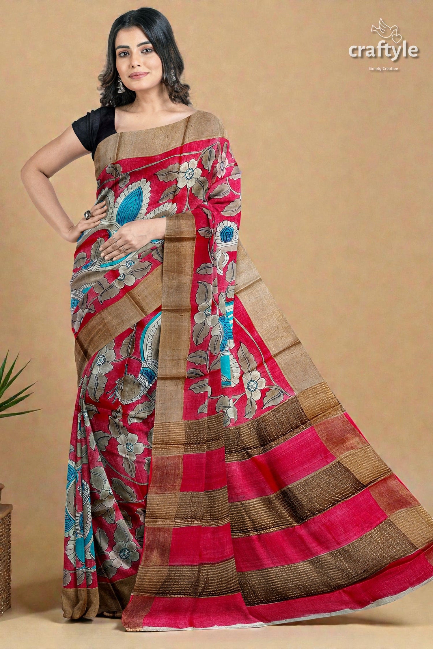 Apple Red Hand Painted Kalamkari Work Pure Tussar Silk Saree with Zari Border