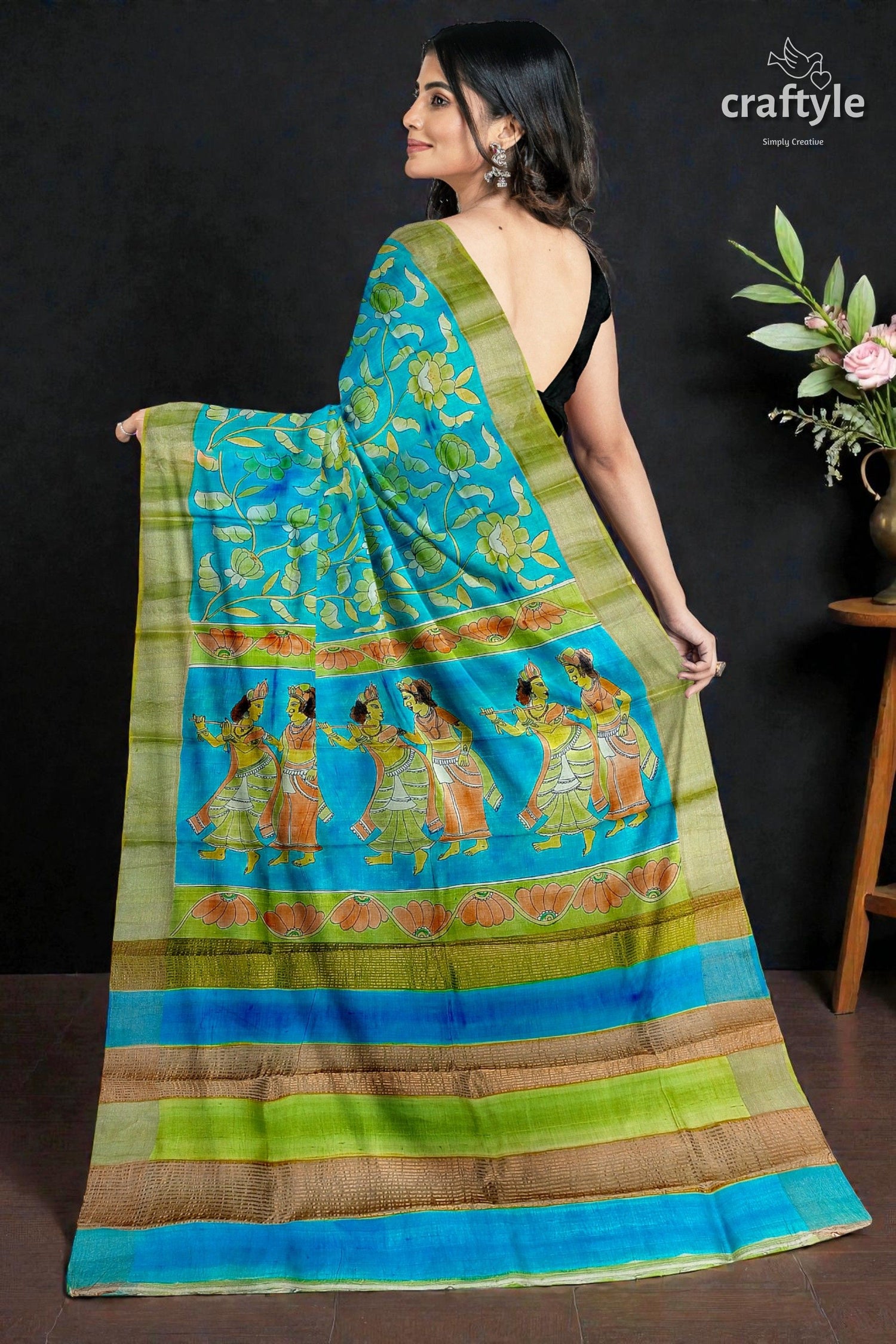 Pure Tussar Kalamkari Saree - Handpainted Radha Krishna Design