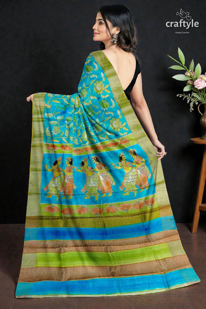 Pure Tussar Kalamkari Saree - Handpainted Radha Krishna Design