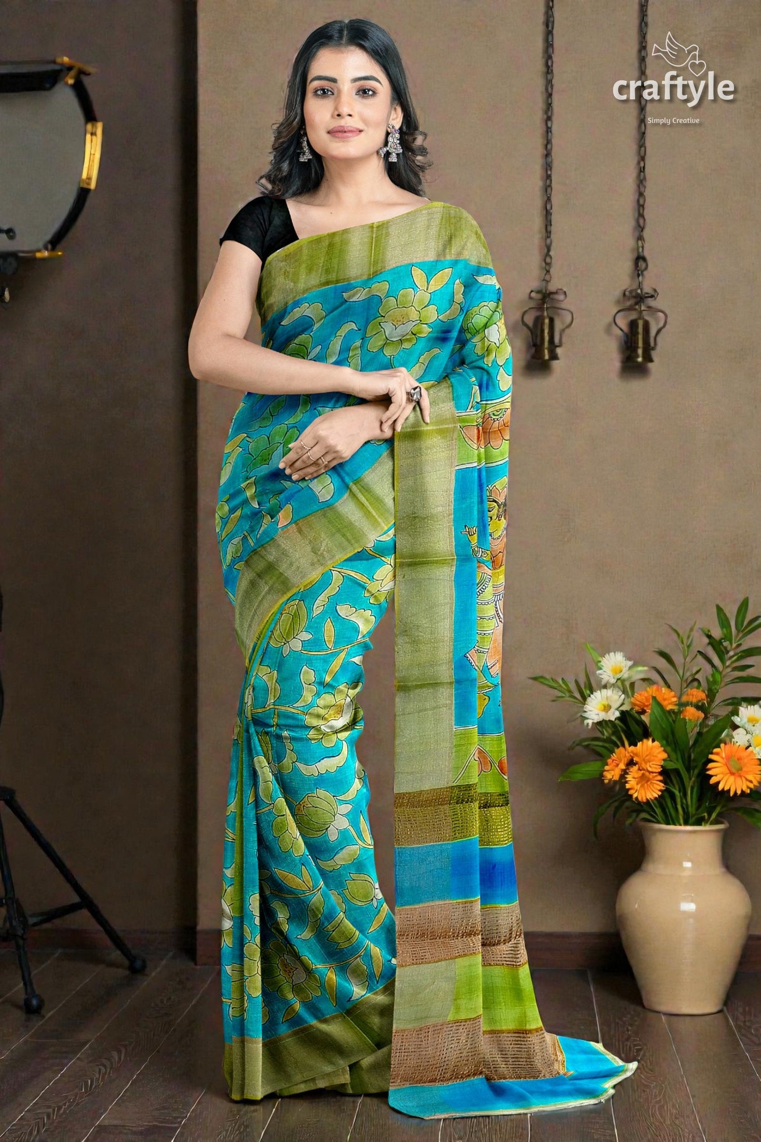 Pure Tussar Kalamkari Saree - Handpainted Radha Krishna Design