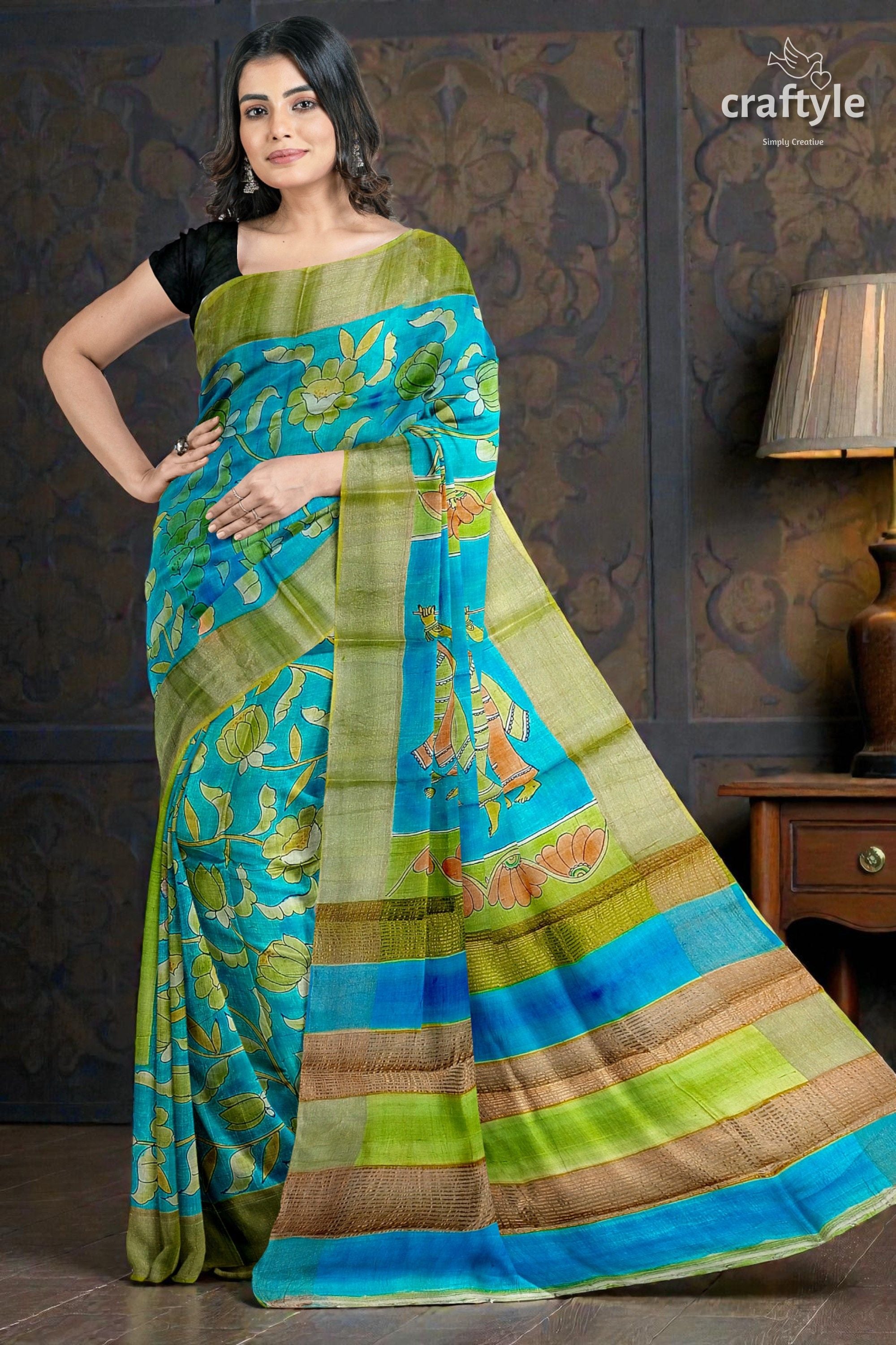 Pure Tussar Kalamkari Saree - Handpainted Radha Krishna Design